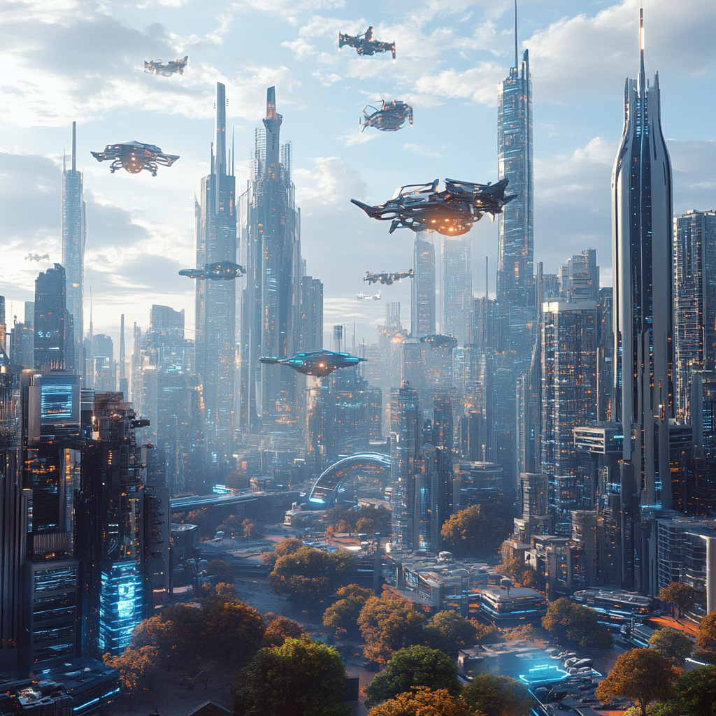 Futuristic city skyline with AI interfaces